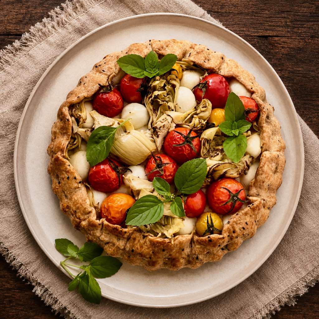Torta Rústica de Alcachofras, Tomatinhos e Mozzarella de Búfala